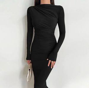 Elegant Ruched Black Midi Dress