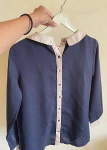 Navy Blue Collared Button-Up Blouse