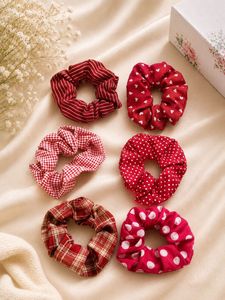 Set of 6 Red Patterned Scrunchies