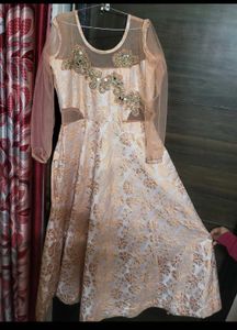 Elegant Peach Gown with Floral Embroidery