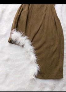 Unique Olive Green Dress with Feather Hem