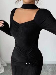 Chic Black Ribbed Mock Neck Dress