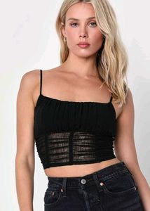 23286. Black Mesh Ruched Crop Top