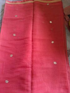 Elegant Coral Peach Saree With Stitched Blouse