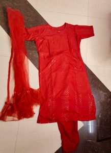 Vibrant Red Sequined Kurta Set with Dupatta