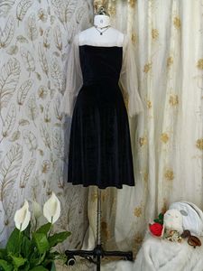 Elegant Black Velvet Dress with Sheer Sleeves