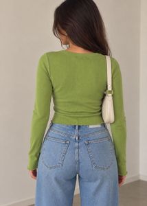Green Long Sleeve Ribbed V-Neck Top