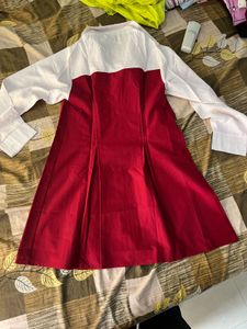 Red Pinafore Dress with White Blouse