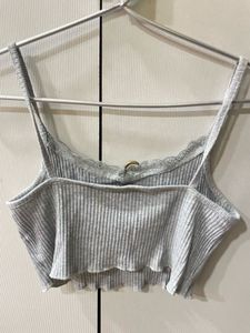 Grey Ribbed Lace Trim Crop Top