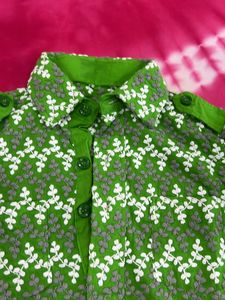 Green Floral Print Chikankari Work Tunic Kurta