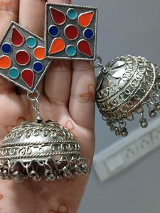 Boho Jhumka Earrings with Colorful Details