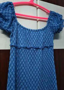 Blue Patterned Puff Sleeve Mini Dress