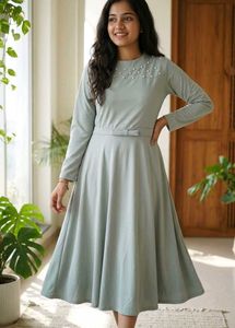 Elegant Light Sage Green Midi Dress with Pearl &amp; B
