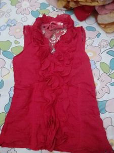Red Ruffled Neck Sleeveless Top