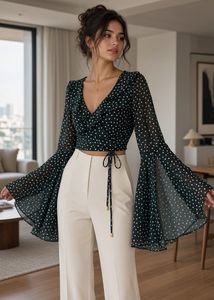 Black Polka Dot Bell Sleeve Crop Top