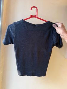 Ribbed V-Neck Button-Up Top