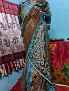 brown  blue saree with golden and silver pri