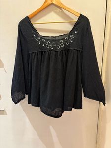 Black Embroidered Square Neck Top