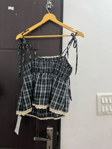 Chic Plaid baby doll top with lace detailing🎀
