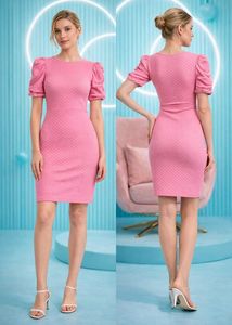Chic Puff Sleeve Textured Pink Dress || celebrity