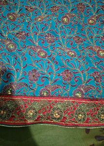 Embroidered Teal Saree with Red Border