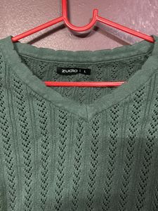 Green Knit V-Neck Top