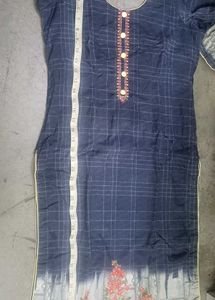 Blue Checkered Kurta with Floral Border
