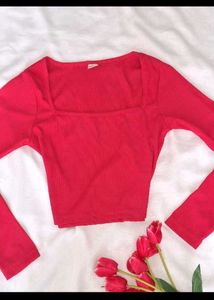 Red Square Neck Long Sleeve Crop Top