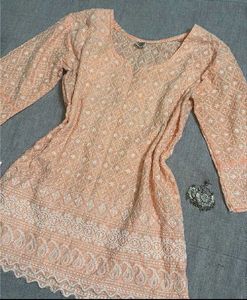 🍑 Peach Printed Embroidered-Style Tunic Top