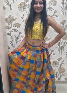 Vibrant Yellow Embroidered Crop Top with Colorful
