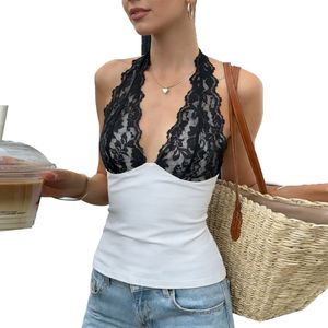 Lace Trim Halter Neck White Tank Top