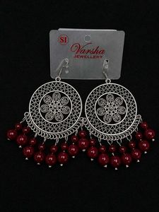 Oxidized Silver Dangle Earrings with Red Beads