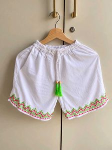 White Embroidered Cotton Shorts
