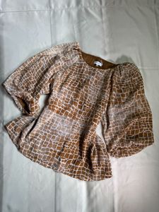 Brown & White Snake Print Puff Sleeve Top