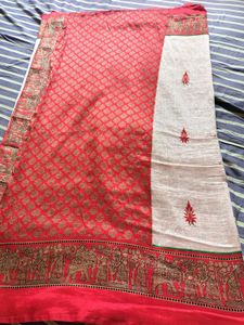 Vibrant Red Saree with Intricate Gold Print