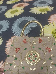 Embroidered Handbag with Single Gold Handle
