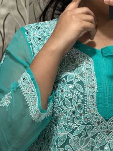 Beautiful Teal Chikankari Kurta with Mirror Work