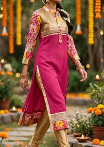 Vibrant Pink &amp; Gold Floral Kurta Set