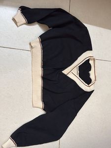 Navy V-Neck Sweater with Cream Trim
