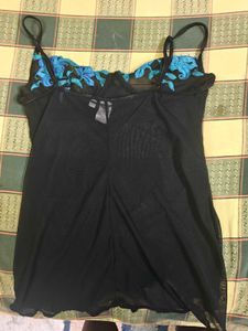 Black Sheer Cami with Blue Floral Embroidery