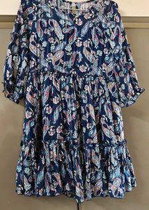 Navy Blue Paisley Print Tiered Dress