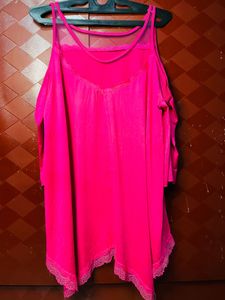 Vibrant Pink Cold Shoulder Top with Lace Trim