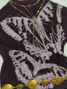 Dark Purple brown Butterfly Print fitted top
