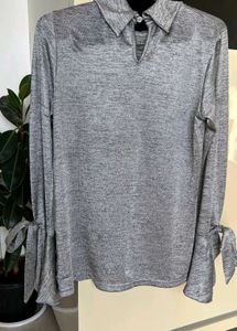 Grey Mock Neck Tie Sleeve Top
