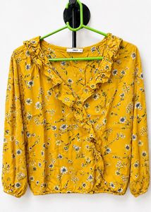 Yellow Floral Ruffle Wrap Top