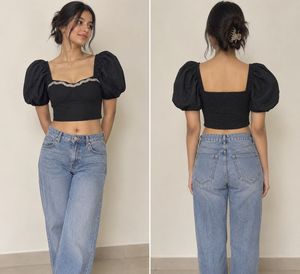 Black Puff Sleeve Crop Top with Rhinestones