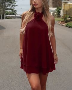 Chic Burgundy Halter Dress with Rose Detail