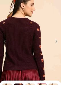 Urgent Sell Floral Embroidered Burgundy Sweater