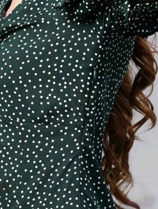 Green Polka Dot Printed A-Line &amp; Puff Sleeve Dress