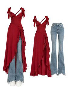Elegant Red Dress with Bow Accents